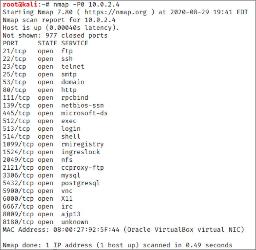 Snapshot of a sample nmap scan from a system.