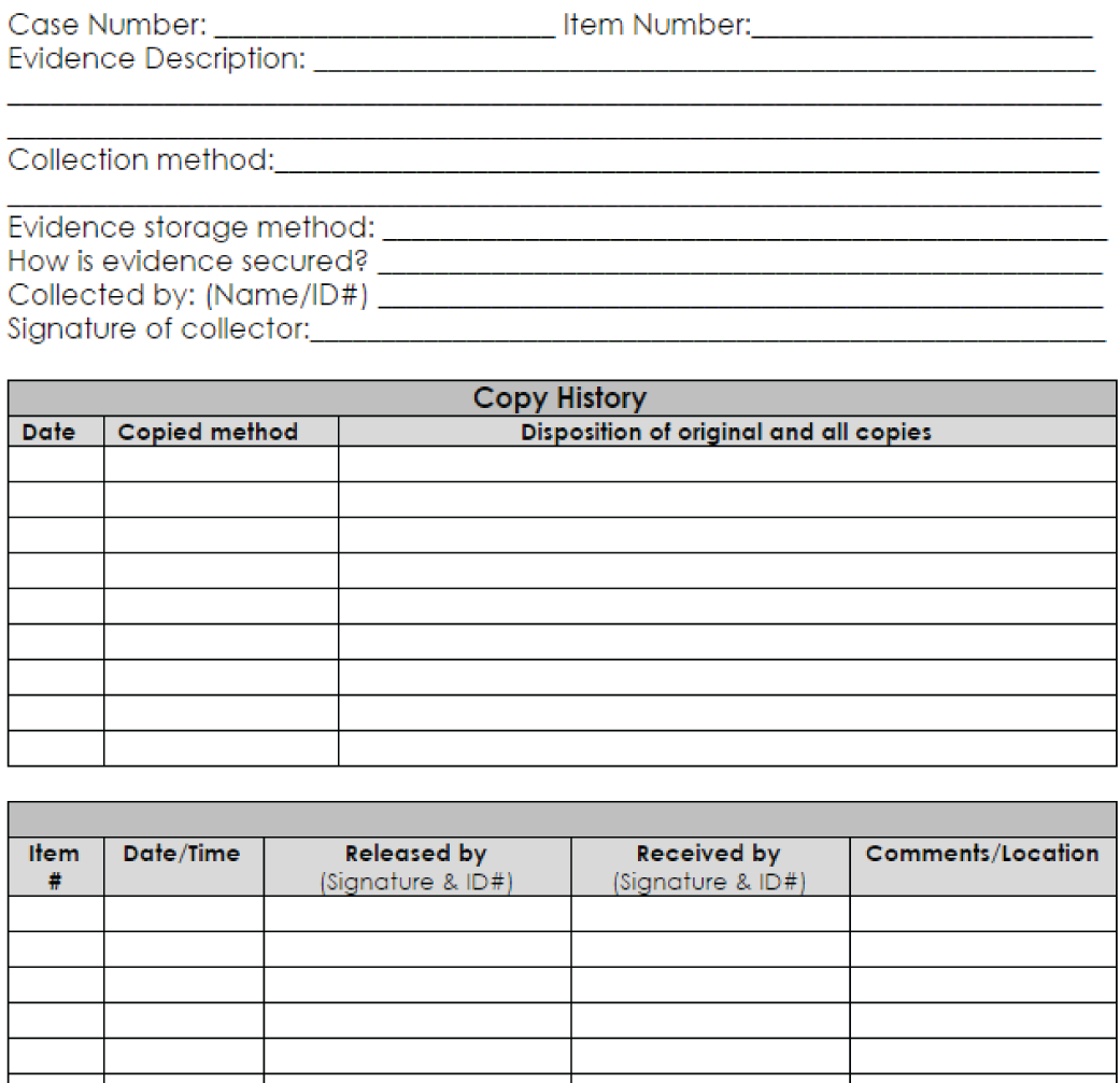 Snapshot of a sample chain of custody form.