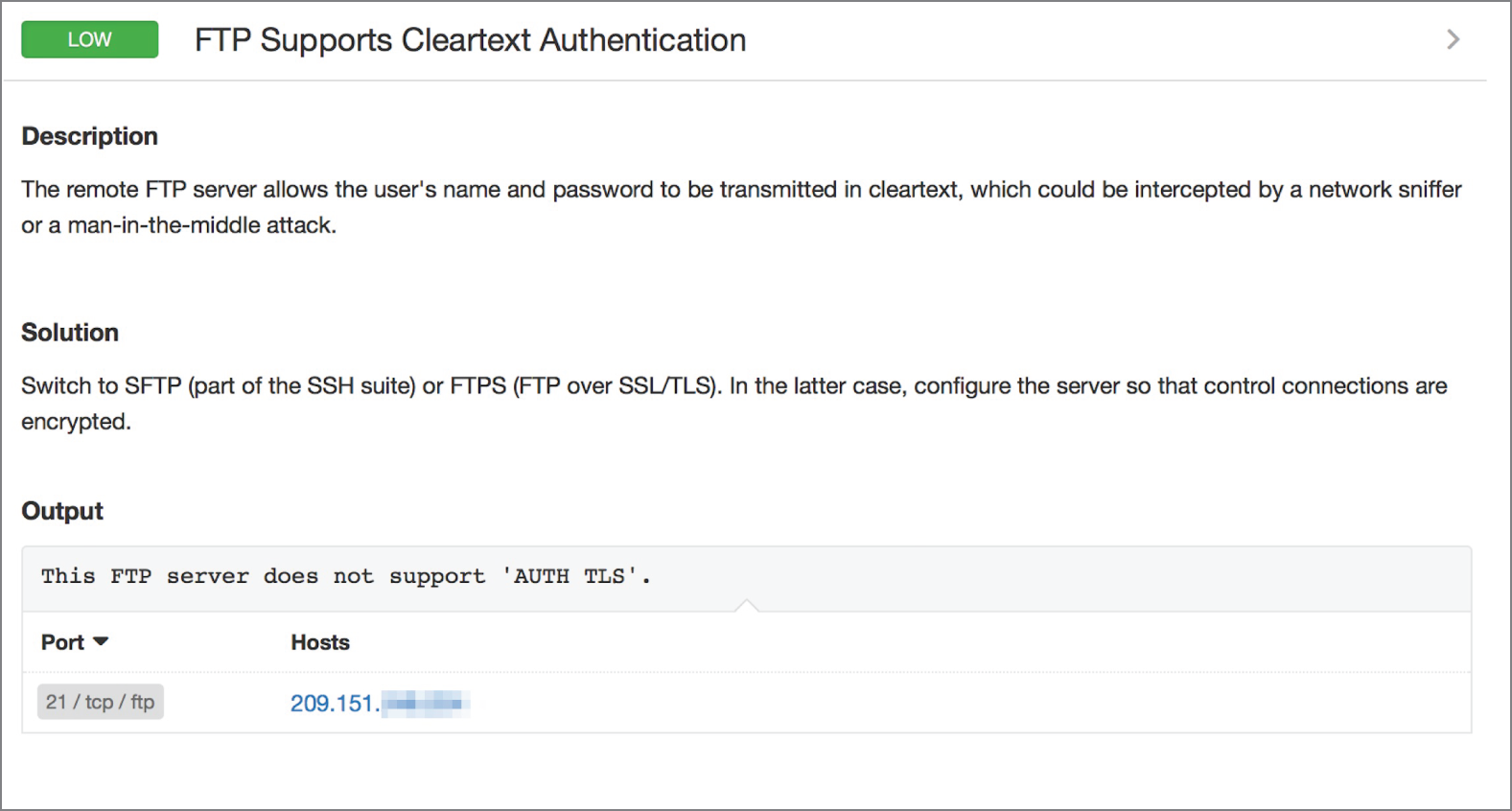 Snapshot of FTP cleartext authentication vulnerability.