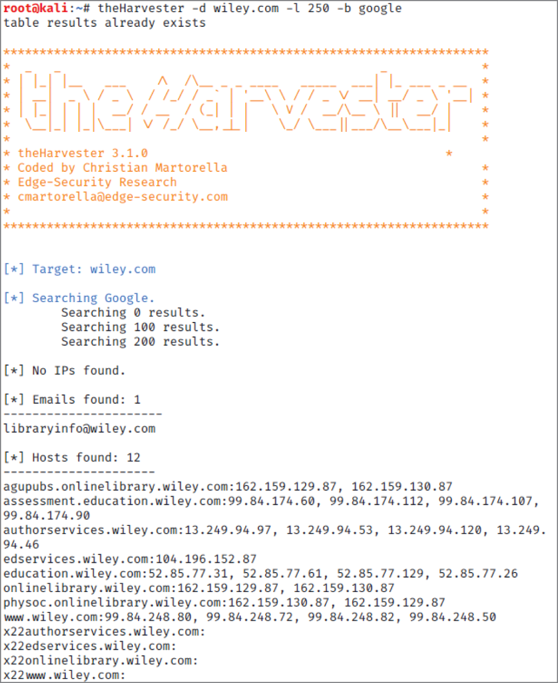 Snapshot of theHarvester output for wiley.com.