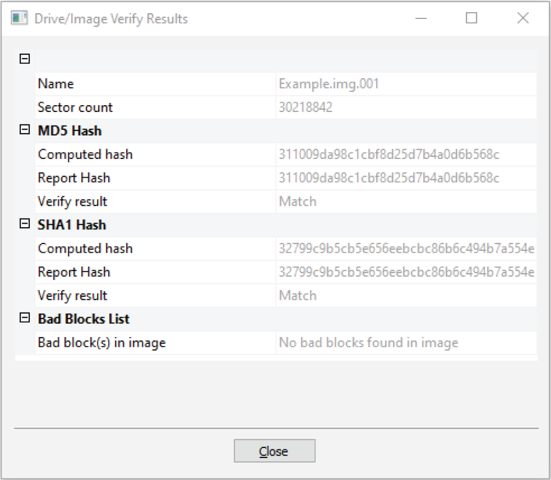 Snapshot of an output from a completed FTK Imager image.