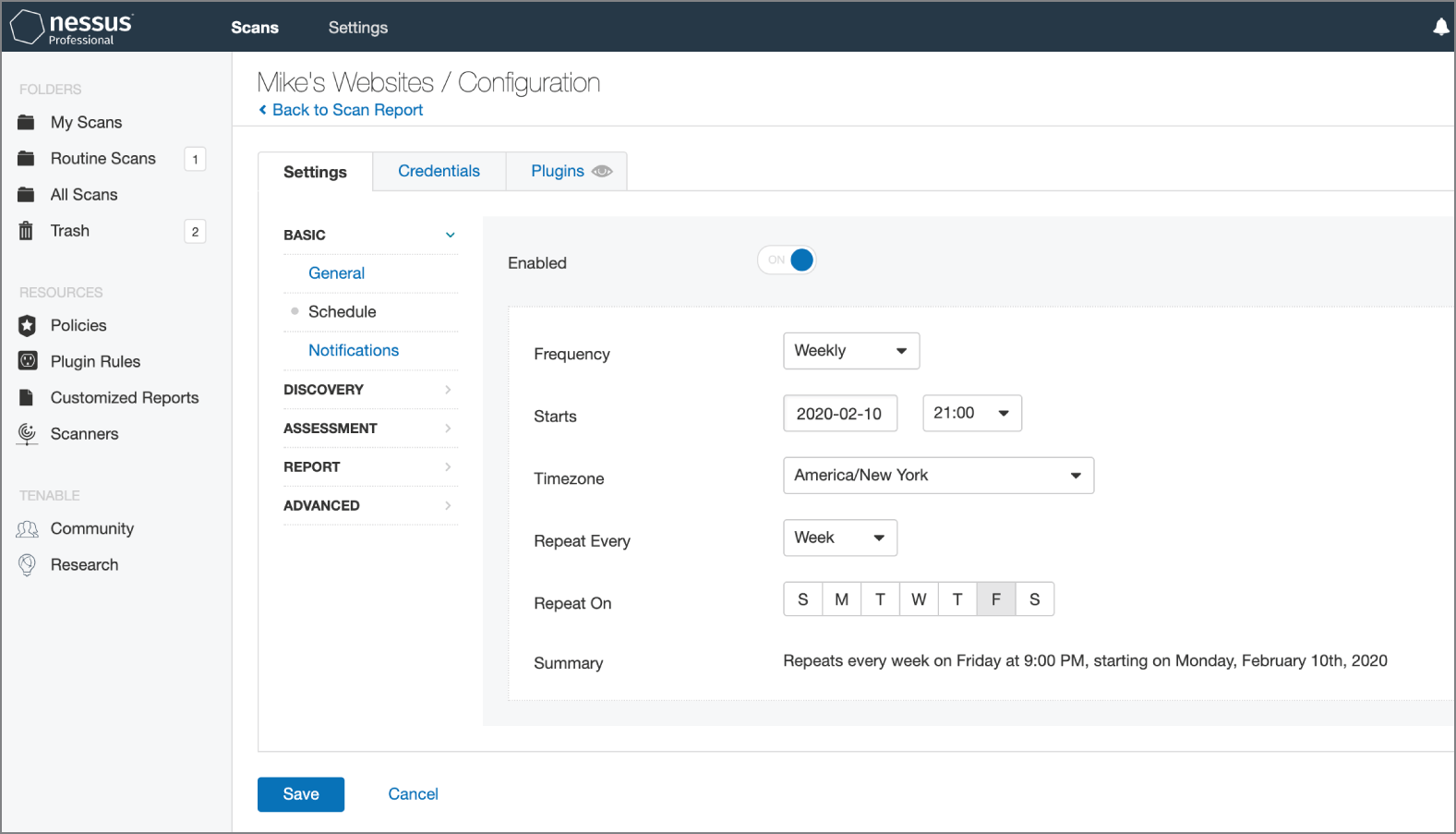 Snapshot of configuring a Nessus scan.
