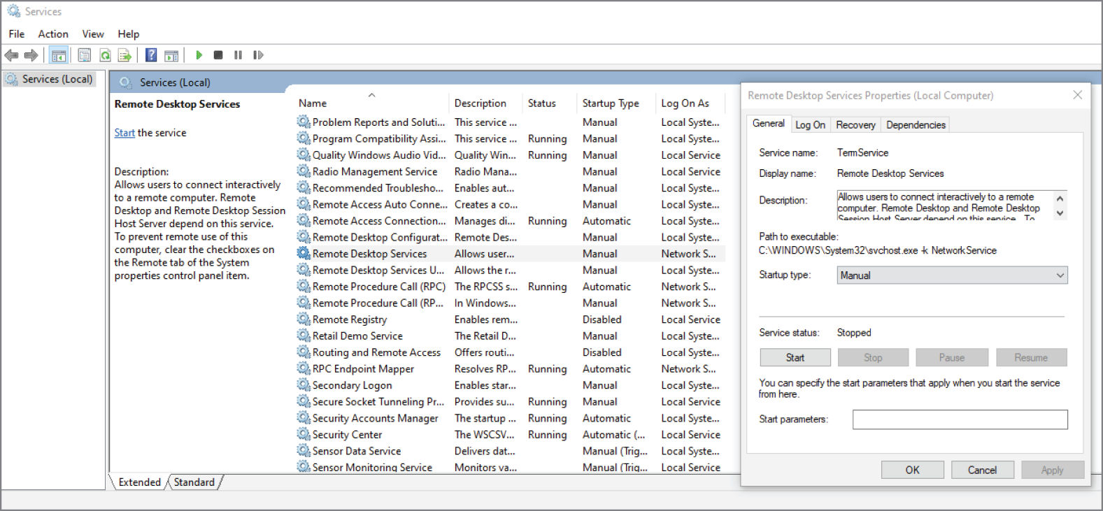 Snapshot of Services.msc showing Remote Desktop Services set to manual.