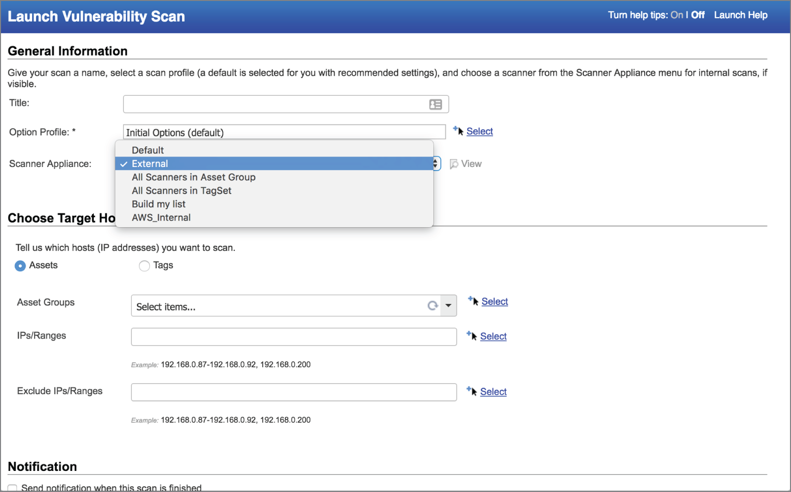 Snapshot of choosing a scan appliance.