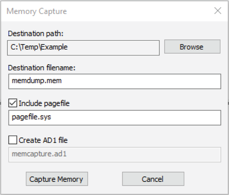 Snapshot of the FTK Imager's Memory Capture dialog box.