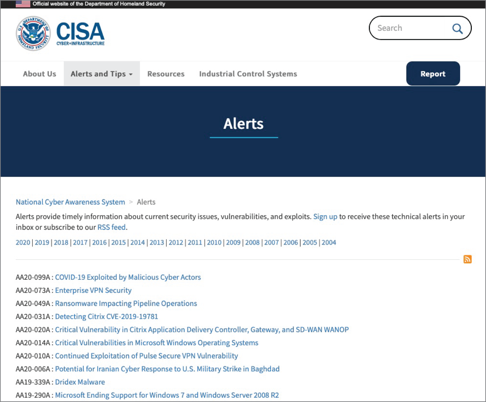 Snapshot of the recent alert listing from the CISA website.