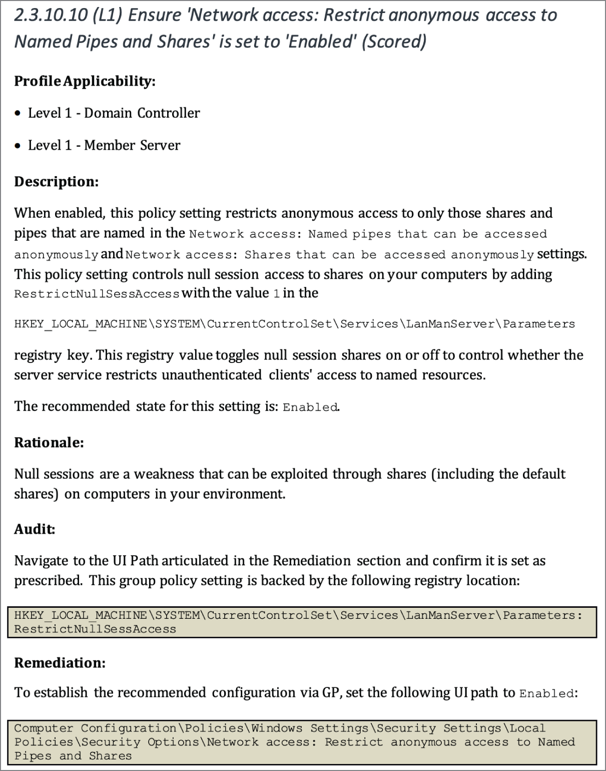 Snapshot of Windows Server 2019 Security Benchmark Excerpt.