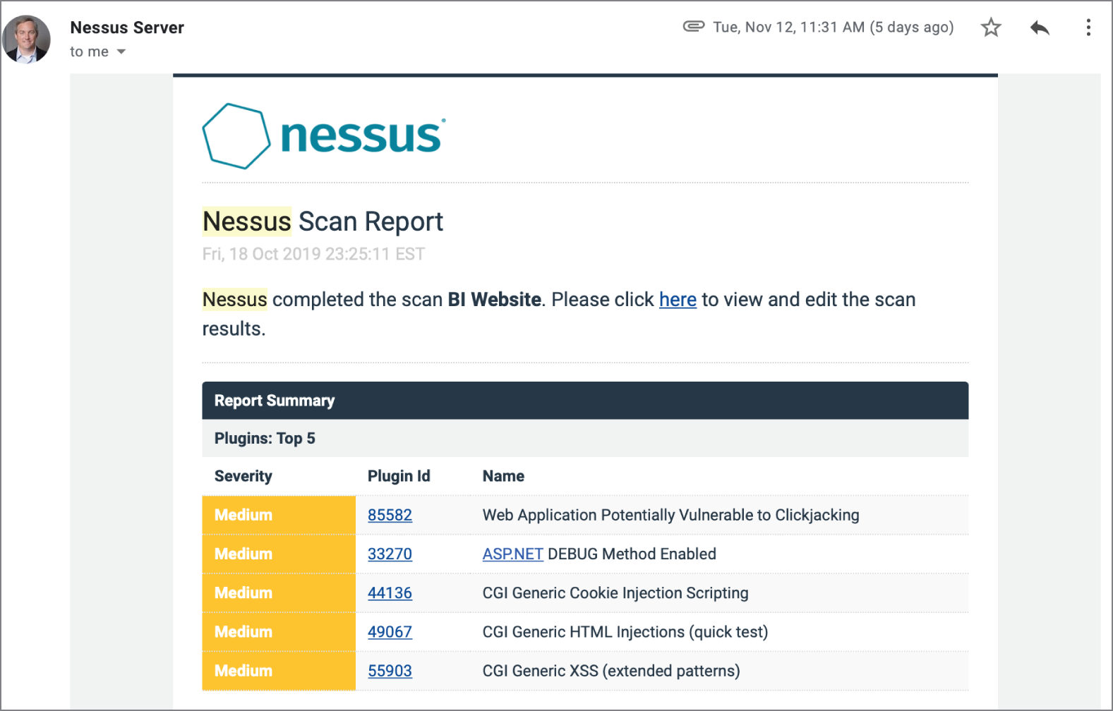 Snapshot of the sample Nessus scan report.