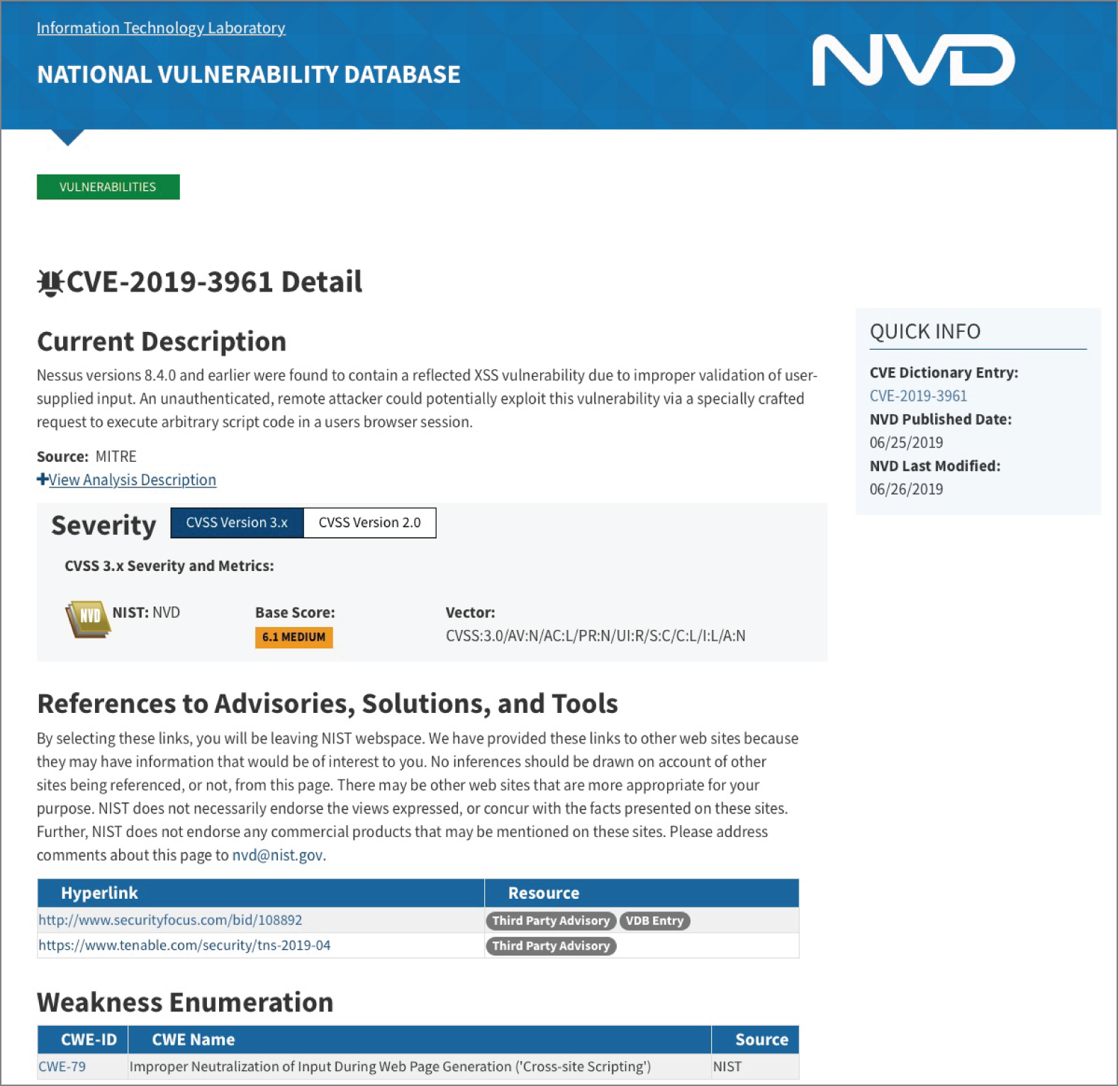 Snapshot of Nessus vulnerability in the NIST National Vulnerability Database.