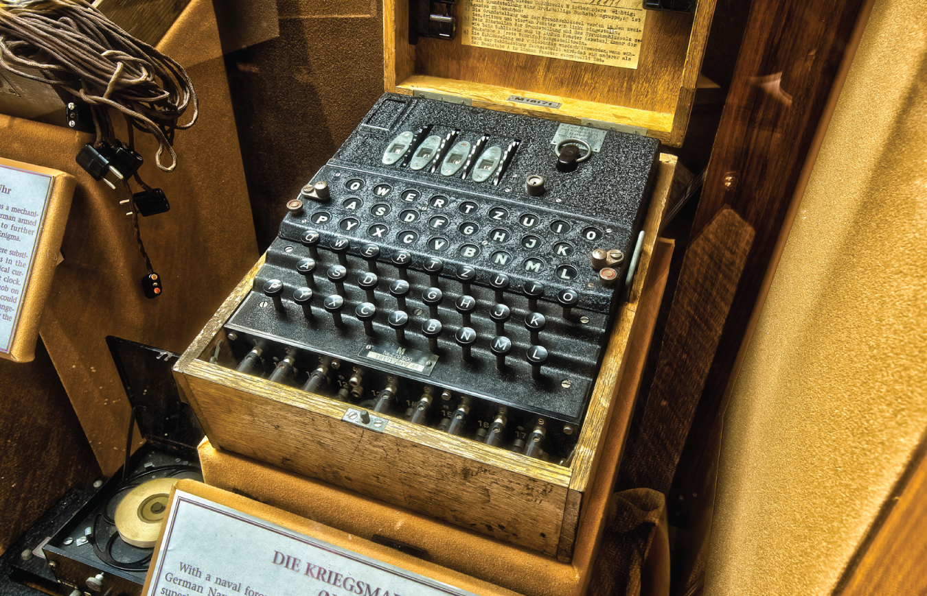 Photo depicts Enigma machine from the National Security Agency's National Cryptologic Museum.