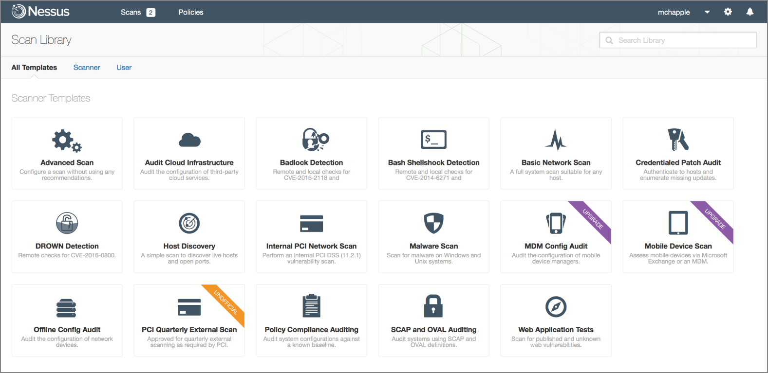 Snapshot of Nessus scan templates.