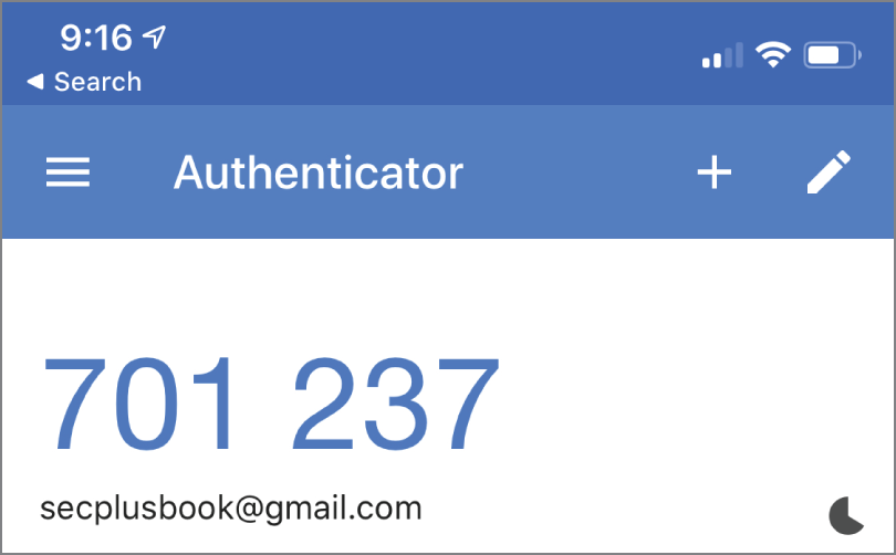 Snapshot of Google authenticator showing TOTP code generation.