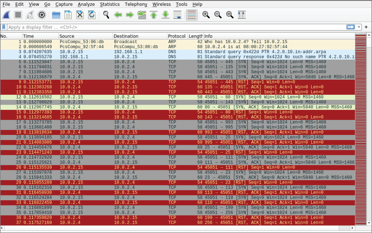 Snapshot of a Wireshark capture of a segment of nmap ports canning.