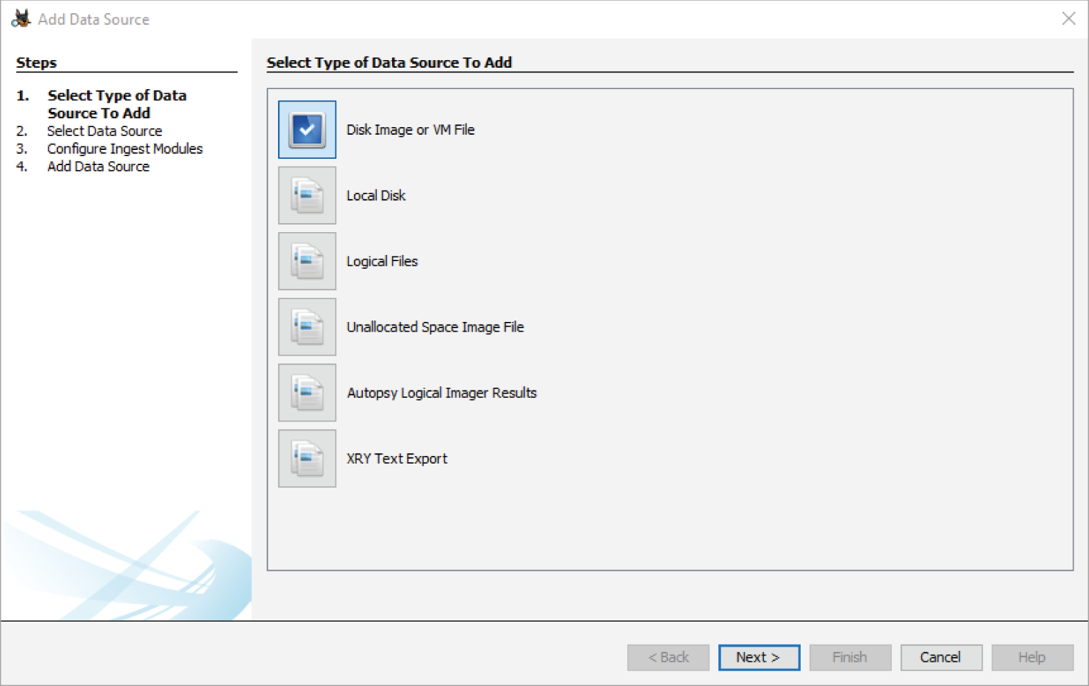 Snapshot of selecting the type of image or data to import.