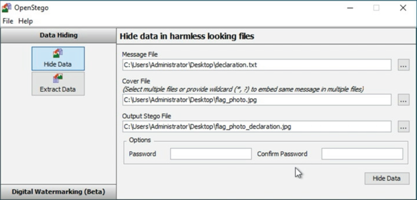 Snapshot of OpenStego steganography tool.