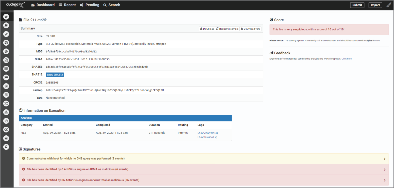 Snapshot of a Cuckoo Sandbox analysis of a malware file.