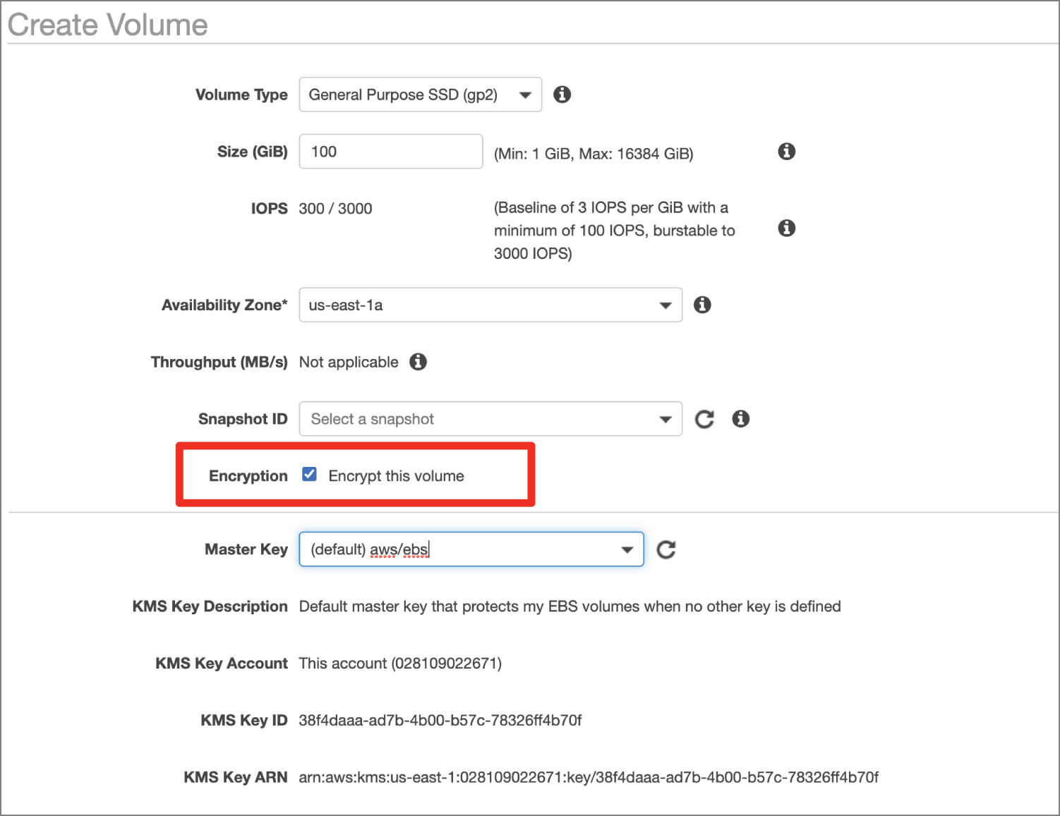 Snapshot of enabling full-disk encryption on an EBS volume.