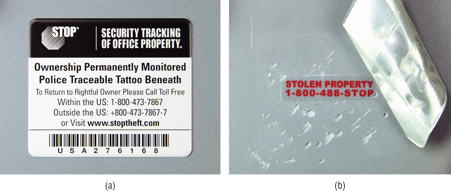 Photos depict (a) STOP tag attached to a device. (b) Residue remaining on device after attempted removal of a STOP tag.