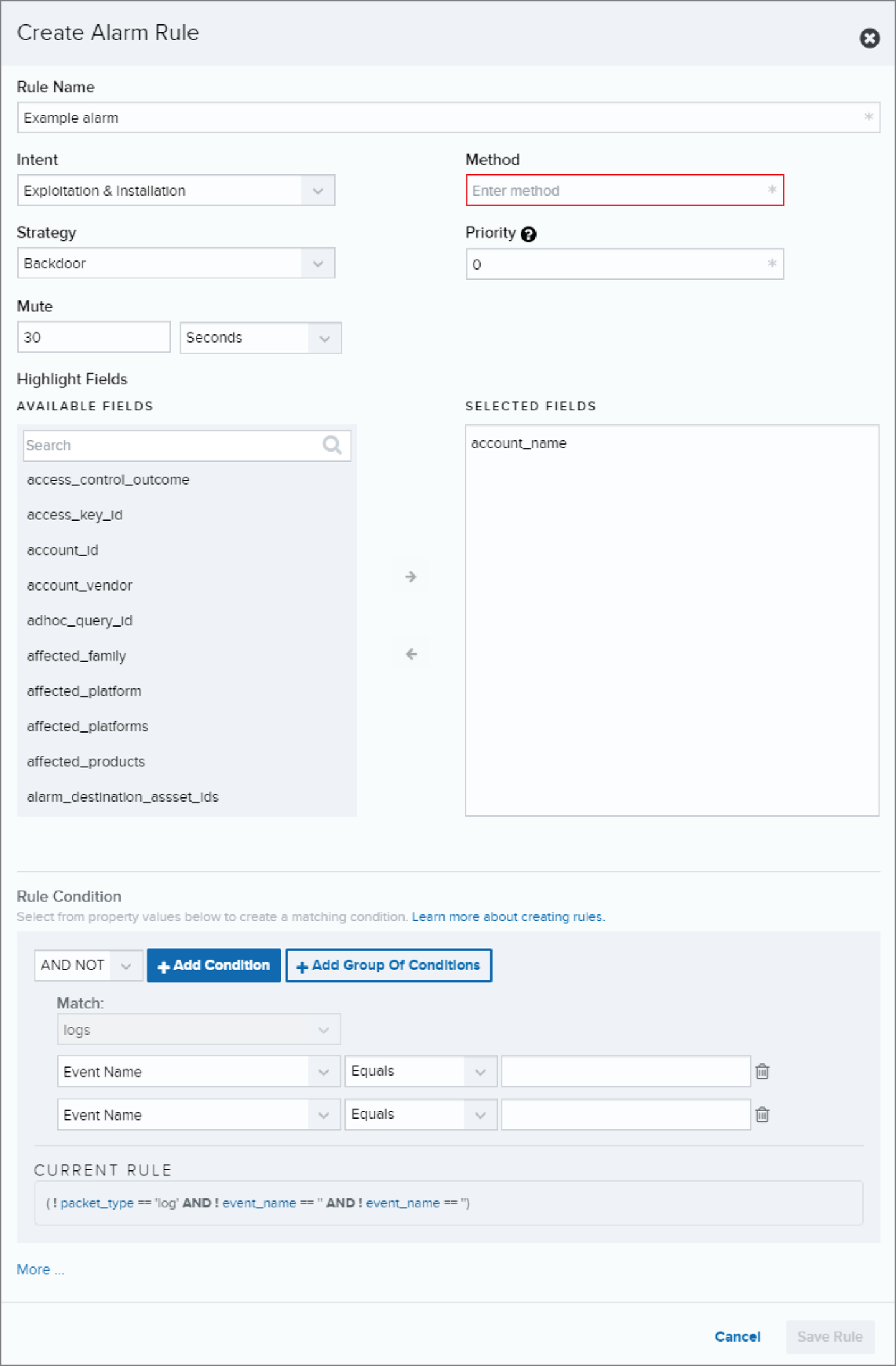 Snapshot of the rule configuration in AlienVault.