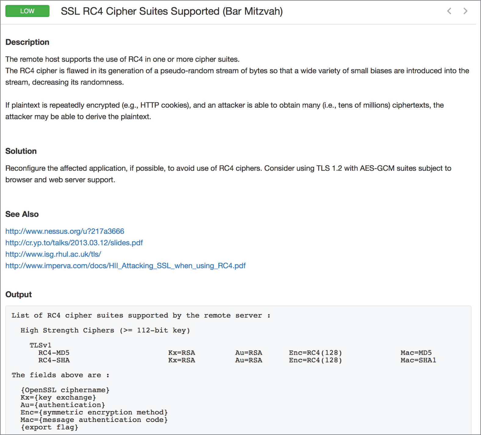 Snapshot of the insecure SSL cipher vulnerability.