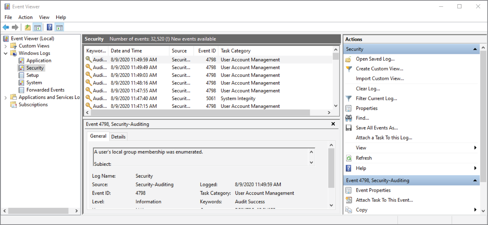 Snapshot of the Windows Event Viewer showing a security log with an audit event.