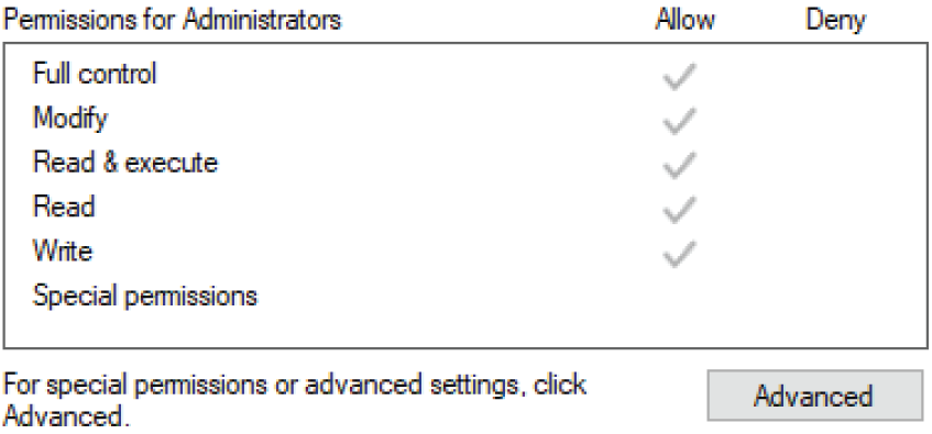 Snapshot of the Windows file permissions.