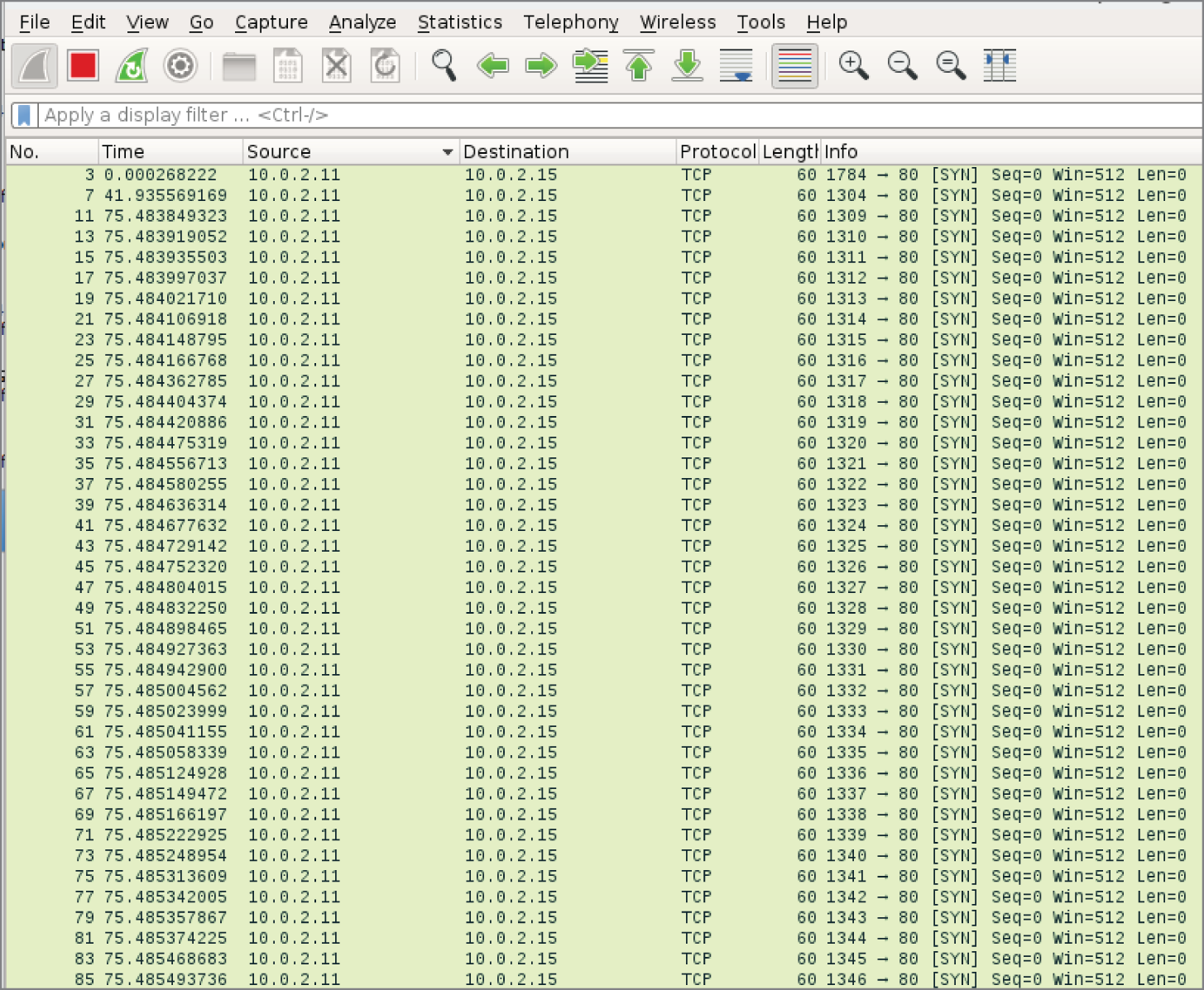 Snapshot of a SYN flood shown in Wireshark.