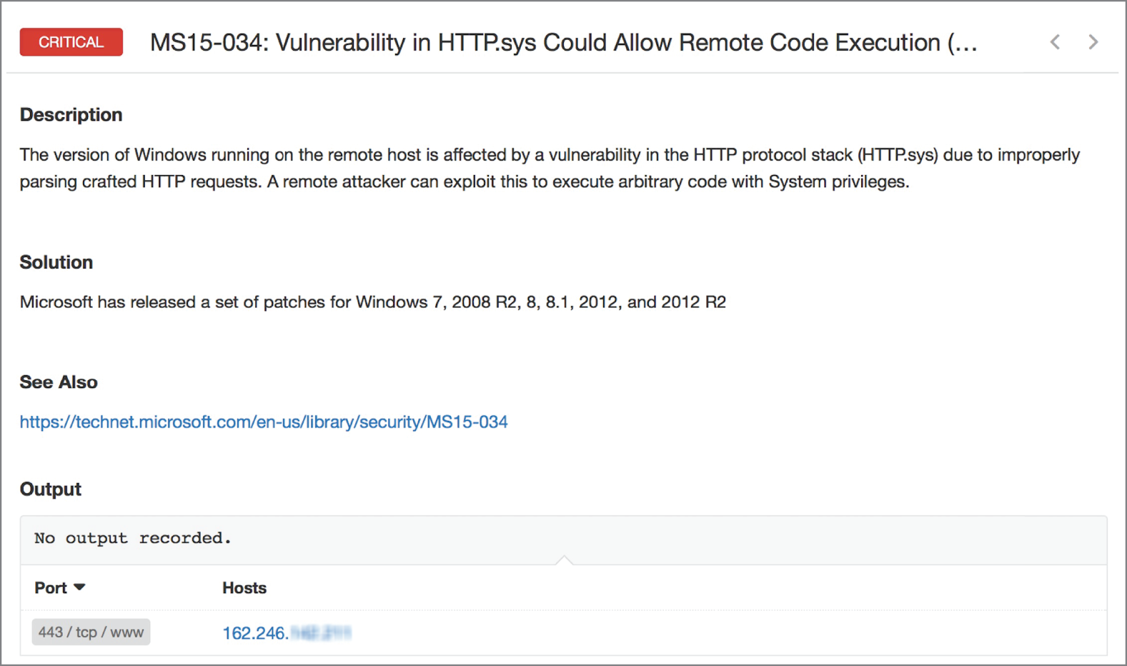 Snapshot of missing patch vulnerability.