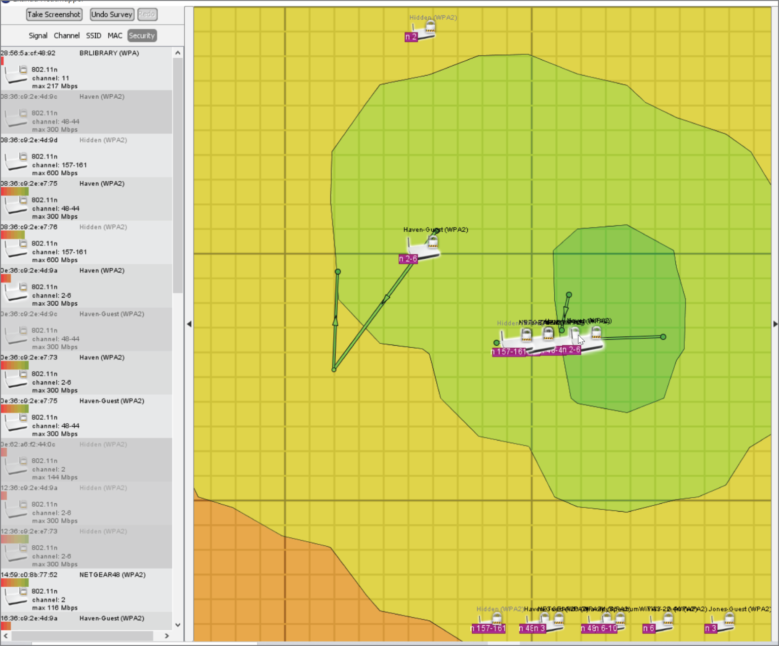 Snapshot of a wireless heatmap showing the wireless signal available from an access point.
