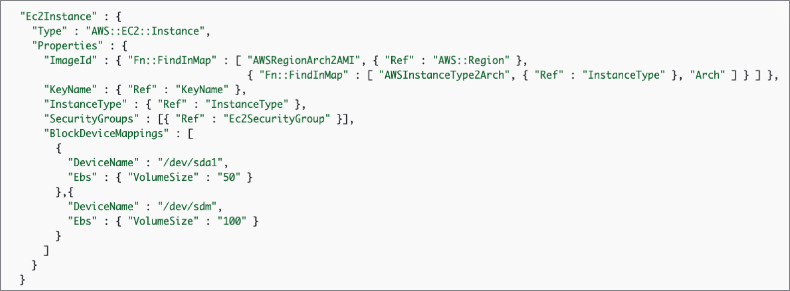 Snapshot of creating an EC2 instance with CloudFormation JSON.