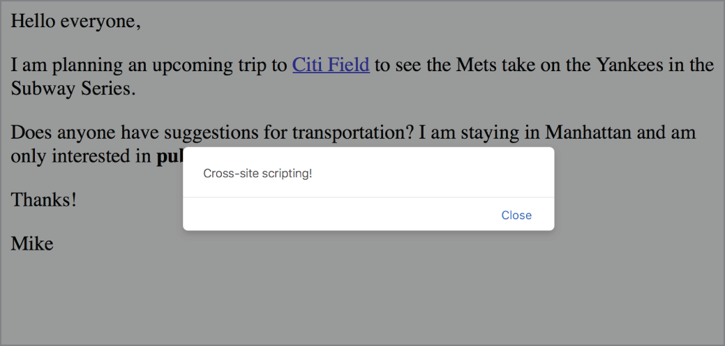 Snapshot of XSS attack rendered in a browser.