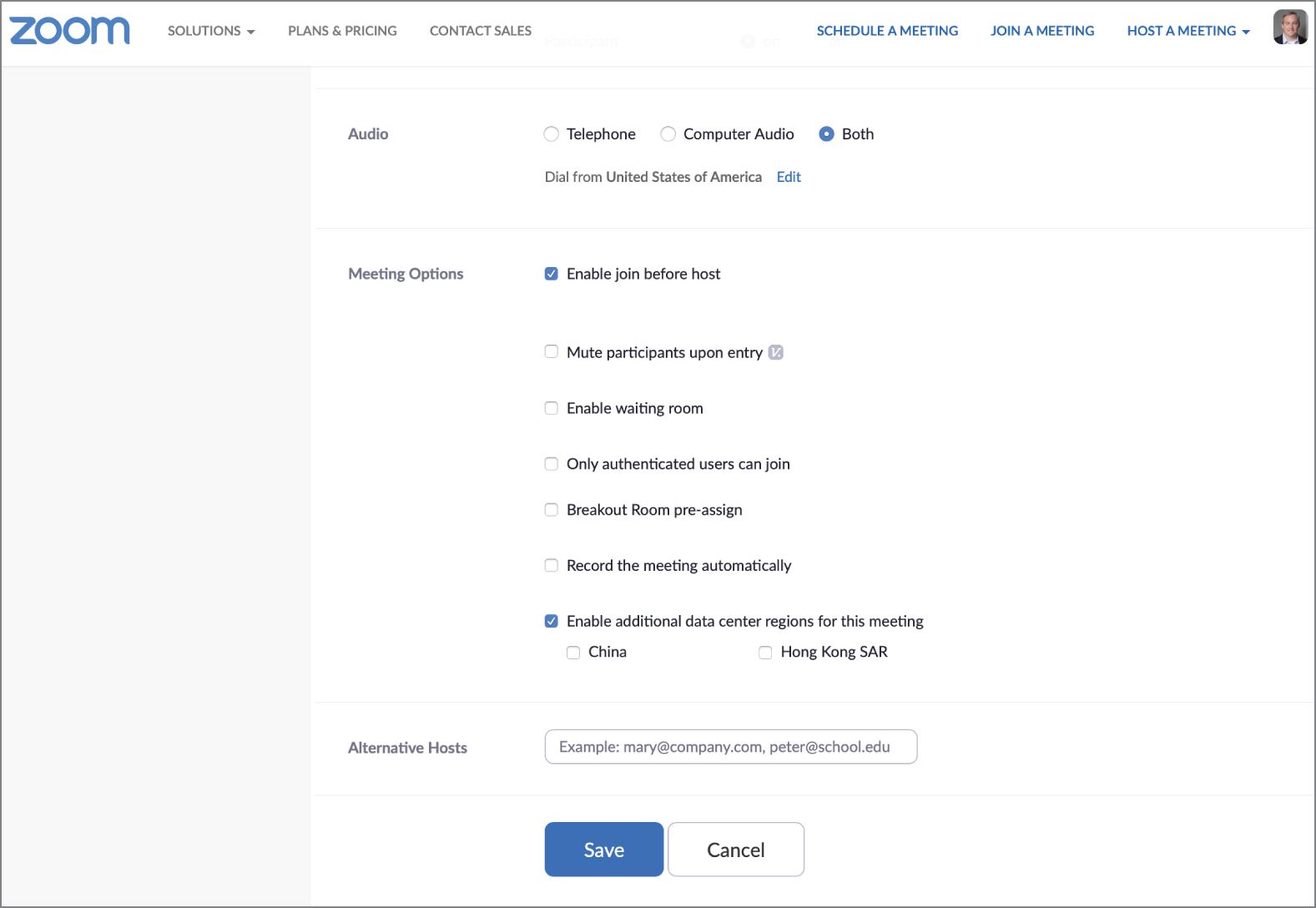 Snapshot of limiting the datacenter regions used for a Zoom meeting.